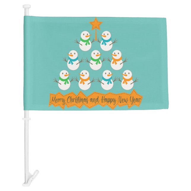Christmas tree pyramid made of xmas snowmen car flag (Front)