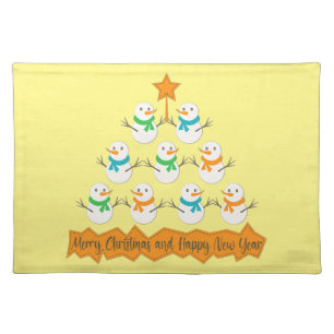 Christmas tree pyramid made of xmas snowmen cloth placemat
