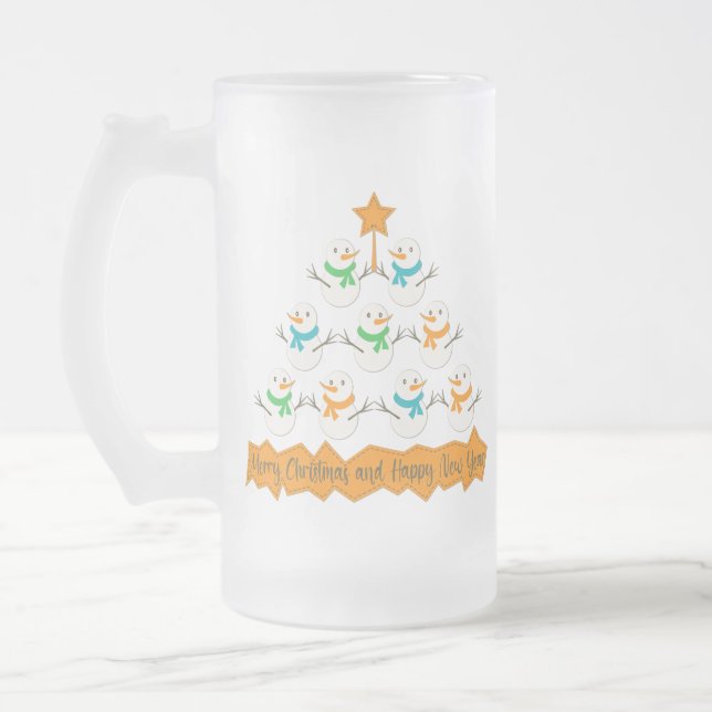 Christmas tree pyramid made of xmas snowmen frosted glass beer mug (Left)