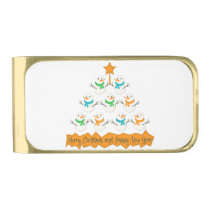 Christmas tree pyramid made of xmas snowmen gold finish money clip