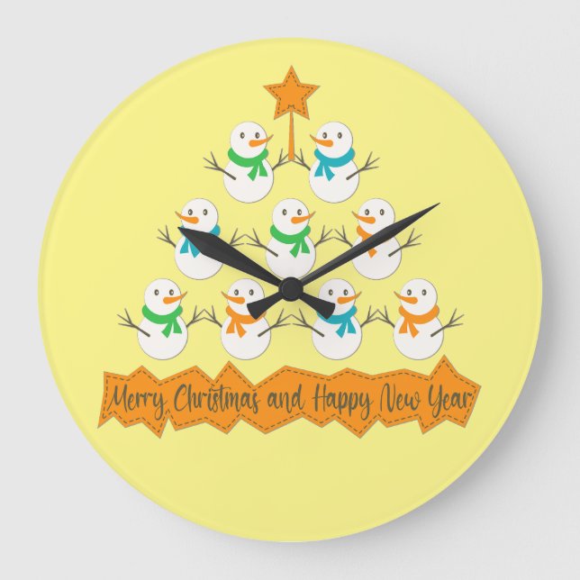 Christmas tree pyramid made of xmas snowmen large clock (Front)