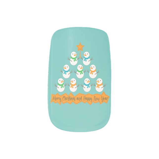 Christmas tree pyramid made of xmas snowmen minx nail art (Left Thumb)