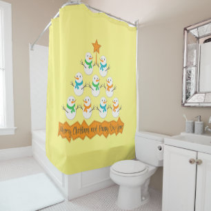 Christmas tree pyramid made of xmas snowmen shower curtain