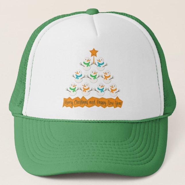 Christmas tree pyramid made of xmas snowmen trucker hat (Front)