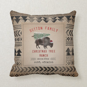 Christmas Tree Ranch Santa Bison Buffalo Burlap Throw Pillow