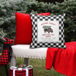 Christmas Tree Ranch Santa Bison Buffalo Plaid Throw Pillow<br><div class="desc">Illustration of a buffalo bison wearing santa hat with Christmas tree tied to its back.  Black and white buffalo plaid border design with black and red text.</div>