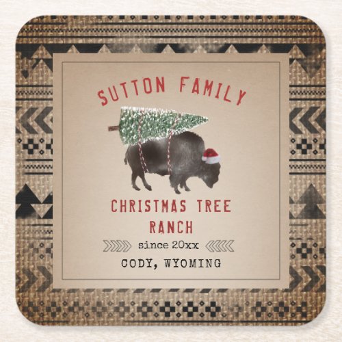 Christmas Tree Ranch Santa Bison Burlap Square Paper Coaster