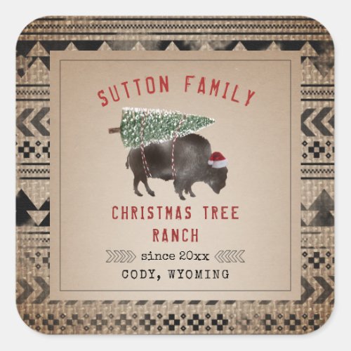 Christmas Tree Ranch Santa Bison Burlap Square Sticker