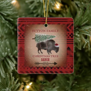 Christmas Tree Ranch Santa Bison Geometric Ceramic Ornament by JillsPaperie at Zazzle