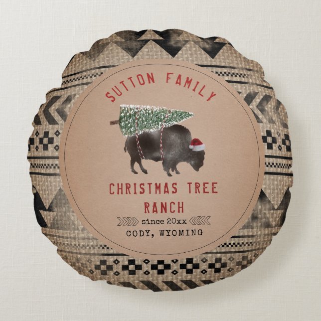Christmas Tree Ranch Santa Buffalo Burlap Round Pillow (Front)