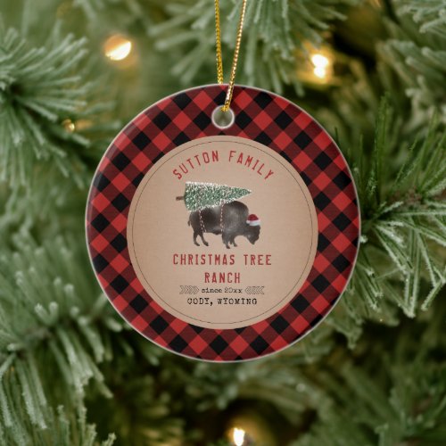 Christmas Tree Ranch Santa Buffalo Rustic Plaid Ceramic Ornament