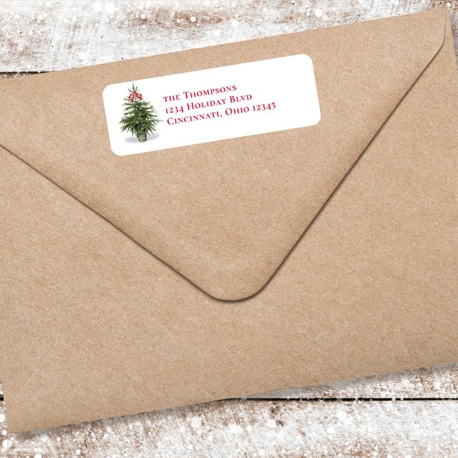 Christmas Tree Red and Green Return Address Label (Elegant watercolor Christmas tree with a simple white background. )