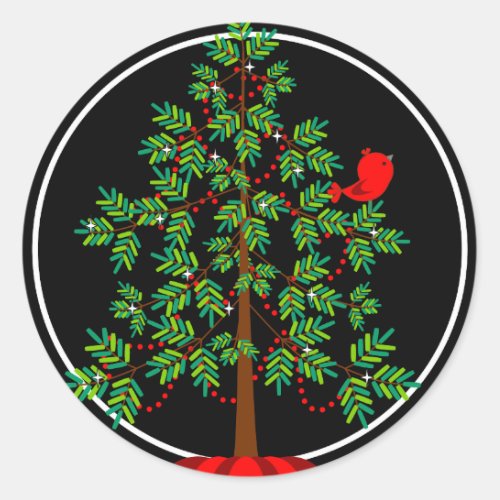 Christmas Tree Red Bird Round Sticker