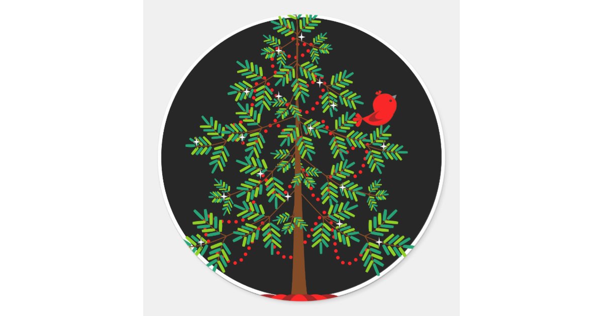 Christmas Tree Red Bird Round Sticker Zazzle