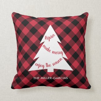 Christmas Tree Red Black Buffalo Plaid Custom Name Throw Pillow