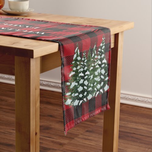 Christmas Tree Red Black Plaid Family Monogram Short Table Runner