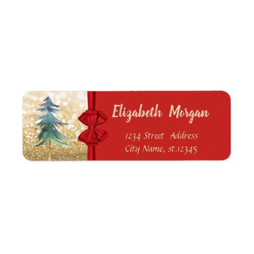 Christmas Tree Red Bow Gold Glittery Bokeh Label