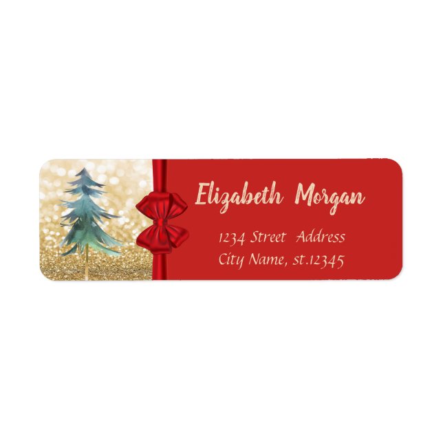 Christmas Tree, Red Bow, Gold Glittery Bokeh Label (Front)