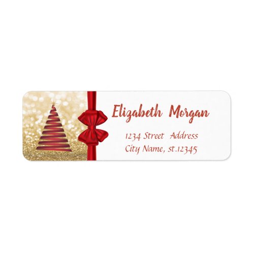 Christmas Tree Red Bow Gold Glittery  Holiday Label