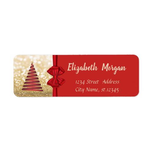 Christmas Tree Red Bow Gold Glittery  Holiday Label