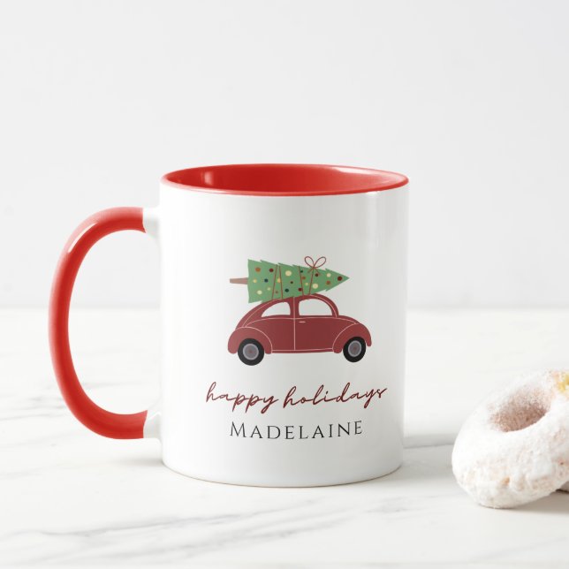 Christmas Tree Red Car Your Name Happy Holidays Mug (With Donut)