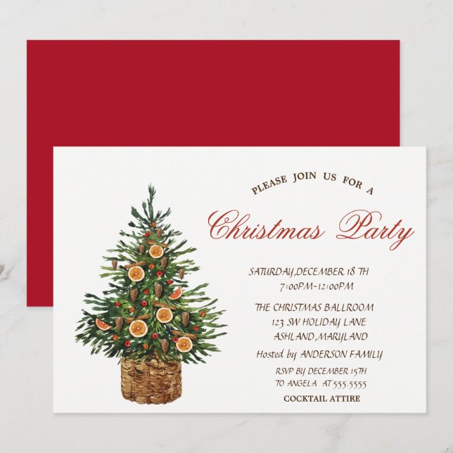Christmas Tree, Red Christmas Party Invitation (Front/Back)