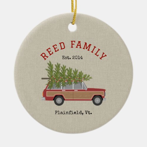 Christmas Tree Red Family Wagon Car Faux Tweed Ceramic Ornament
