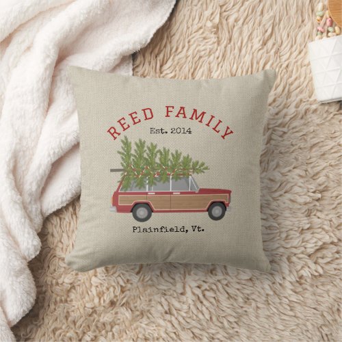 Christmas Tree Red Family Wagon Car Faux Tweed Throw Pillow