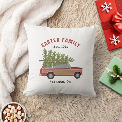 Christmas Tree Red Family Wagon Car Throw Pillow