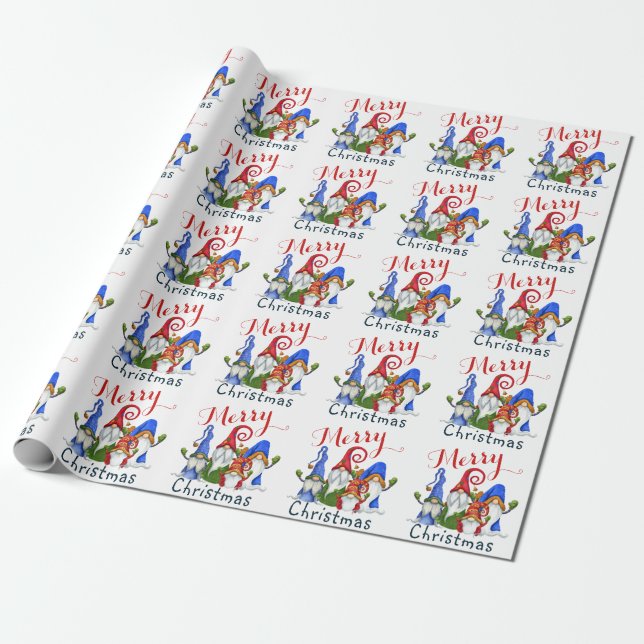 Christmas Tree Red Gnomes Watercolor Holiday Wrapping Paper (Unrolled)