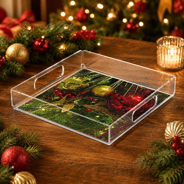 Christmas Tree Red & Gold Ornaments Design Acrylic Tray (Christmas Tree Red & Gold Ornaments Design Acrylic Tray)