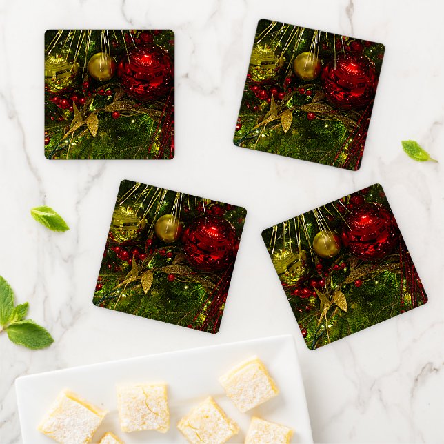 Christmas Tree Red & Gold Ornaments, ZSSG Coaster Set (In Situ)