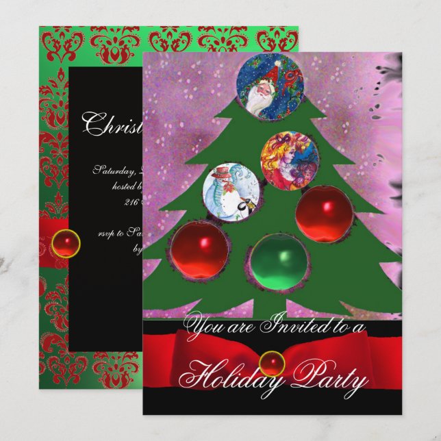 Christmas Tree , Red Green Damask Holiday Party Invitation (Front/Back)