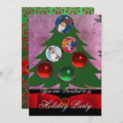 Christmas Tree  Red Green Damask Holiday Party Invitation