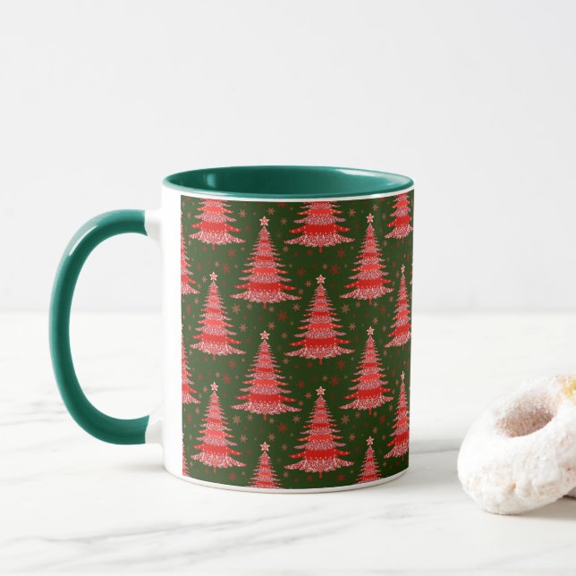 Christmas Tree Red Green Pattern Design  Mug (With Donut)