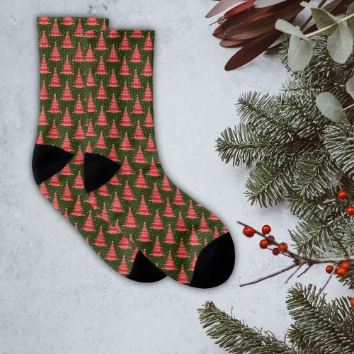 Christmas Tree Red Green Pattern Design  Socks