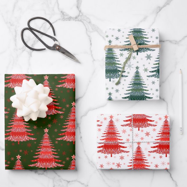 Christmas Tree Red Green Pattern Design Wrapping Paper Sheets (Front)