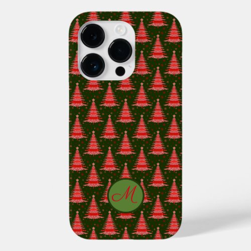 Christmas Tree Red Green Pattern with Monogram Case_Mate iPhone 14 Pro Case