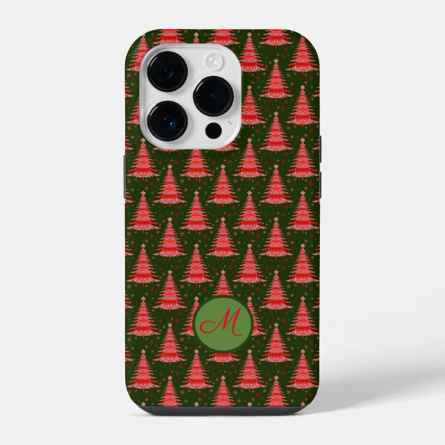 Christmas Tree Red Green Pattern with Monogram Iphone Case (Back)