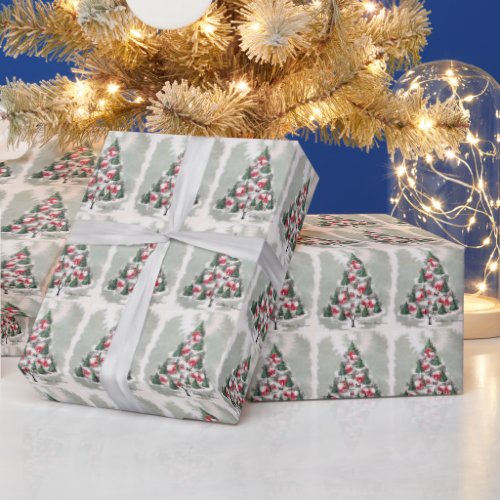  Christmas Tree Red Houses  Church MCM  Wrapping Paper