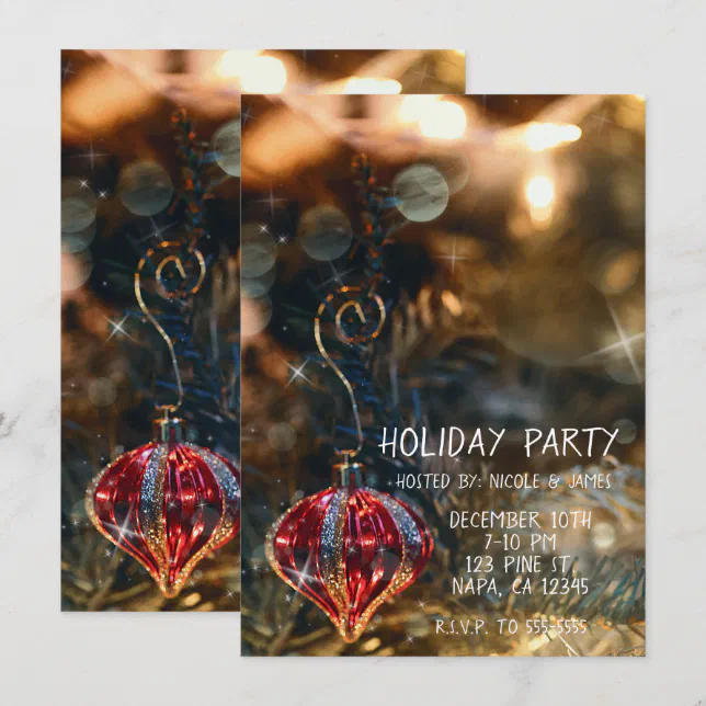 Christmas Tree Red Ornament Holiday Lights Party Invitation | Zazzle