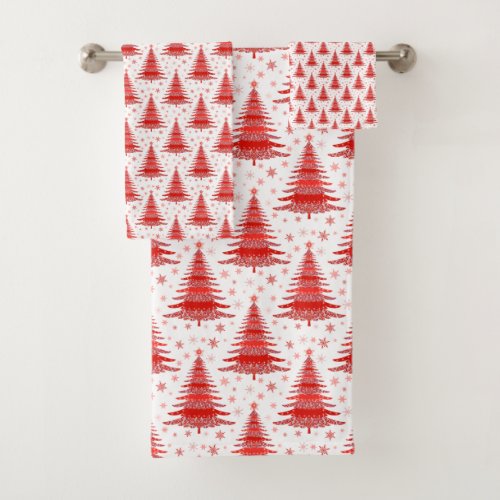 Christmas Tree Red Pattern Design Bath Towel Set