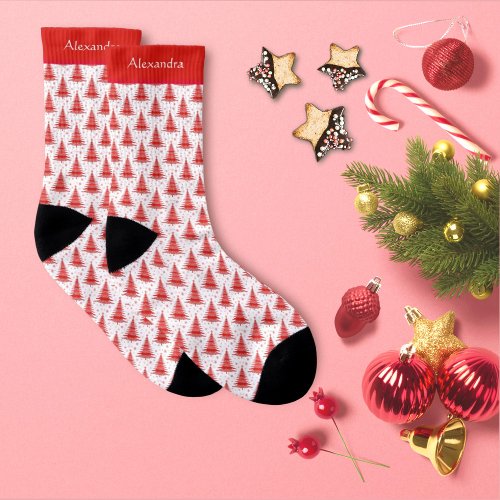 Christmas Tree Red Pattern Personalized Name Socks