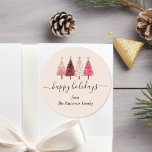Christmas Tree Red Pink  Blush Beige Custom Classic Round Sticker<br><div class="desc">Add a touch of festive charm to your holiday gifts with this custom whimsical red pink blush beige Christmas tree sticker. Bring joy and a playful holiday spirit to your gifting with this editable Christmas gift certificate. The design features charming red, pink, and gold Christmas trees paired with graceful script...</div>