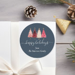 Christmas Tree Red Pink Navy Blue Custom Classic Round Sticker<br><div class="desc">Add a touch of festive charm to your holiday gifts with this custom whimsical red pink navy blue Christmas tree sticker. Bring joy and a playful holiday spirit to your gifting with this editable Christmas gift certificate. The design features charming red, pink, and gold Christmas trees paired with graceful script...</div>
