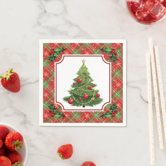 Christmas Tree Red Plaid with Holly Napkins