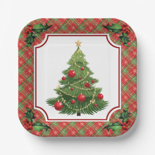Christmas Tree Red Plaid with Holly Paper Plates