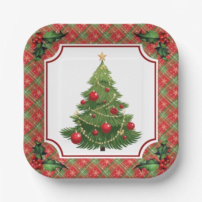 Christmas Tree Red Plaid with Holly Paper Plates (Front)