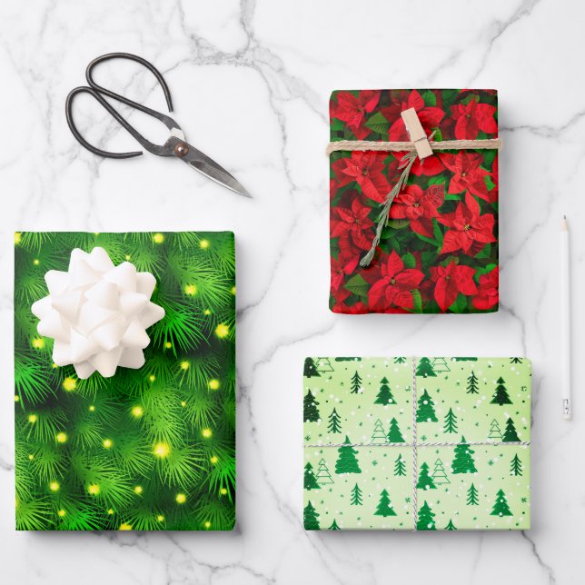 Christmas tree Red Poinsettia red & green holiday Wrapping Paper Sheets (Front)