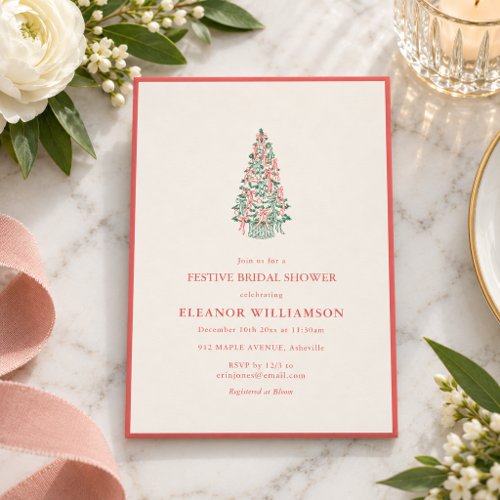 Christmas Tree Red Ribbons Festive Bridal Shower Invitation